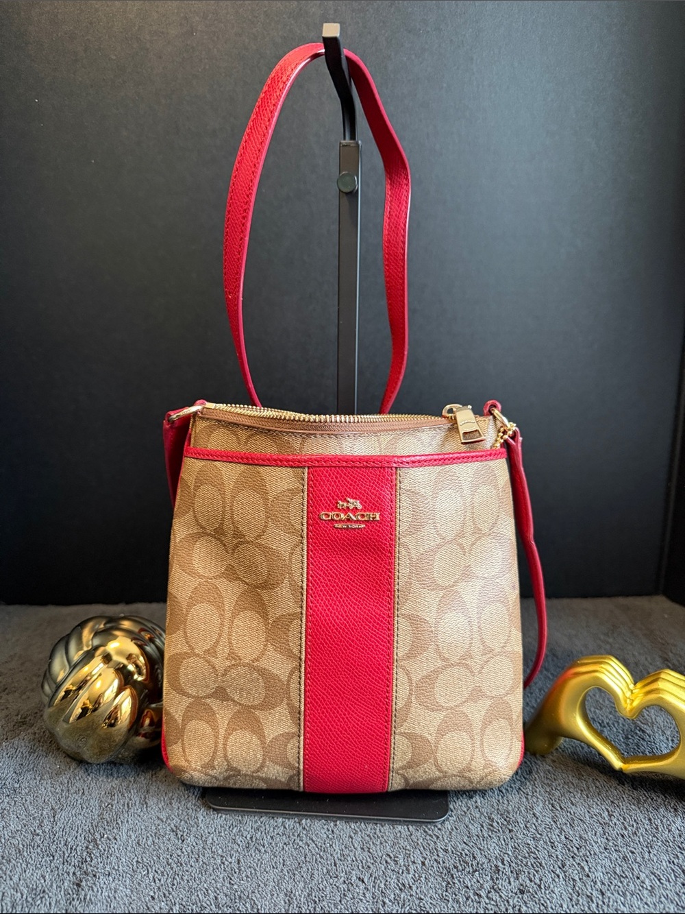 Coach Tan Signature Canvas Crossbody with Red Stripe